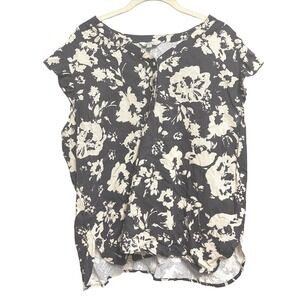 Hester & Orchard Blouse Black Floral Linen‎ Blend Ruffle Cap Sleeve XL